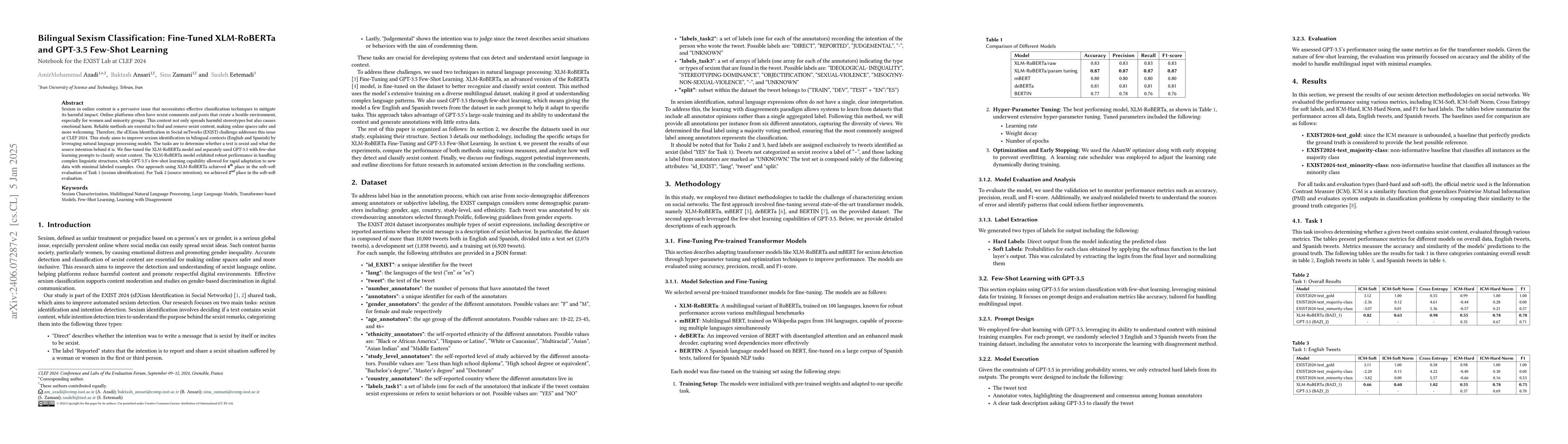 Thumbnail for Bilingual Sexism Classification: Fine-Tuned XLM-RoBERTa and GPT-3.5
  Few-Shot Learning