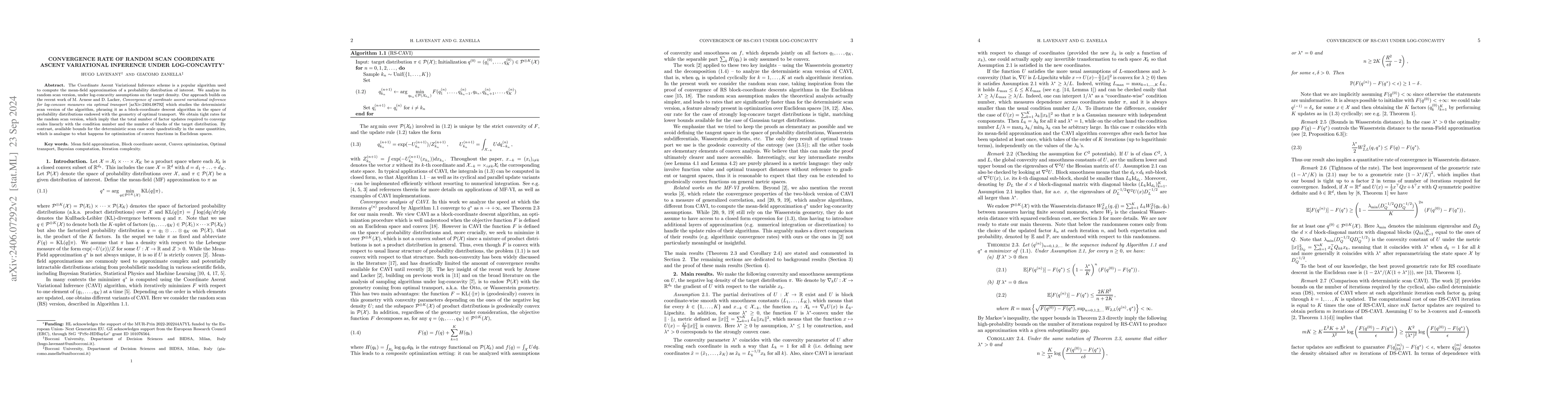 Thumbnail for Convergence rate of random scan Coordinate Ascent Variational Inference
  under log-concavity