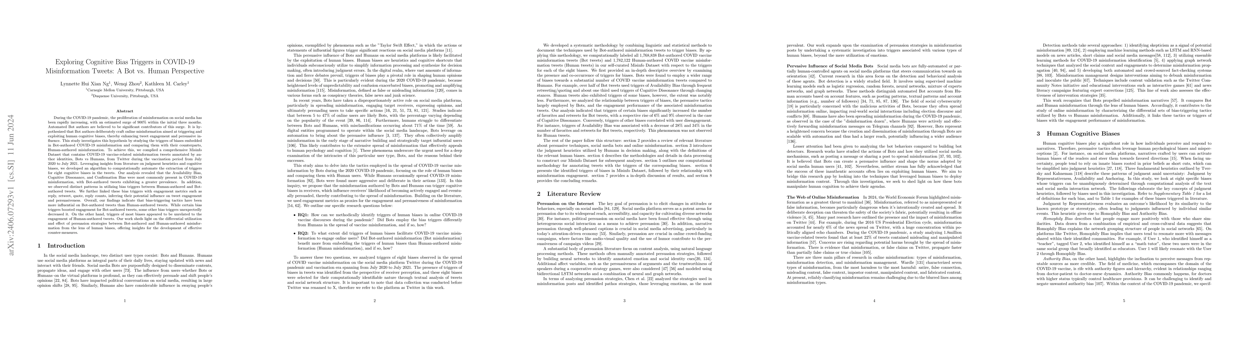 Thumbnail for Exploring Cognitive Bias Triggers in COVID-19 Misinformation Tweets: A
  Bot vs. Human Perspective