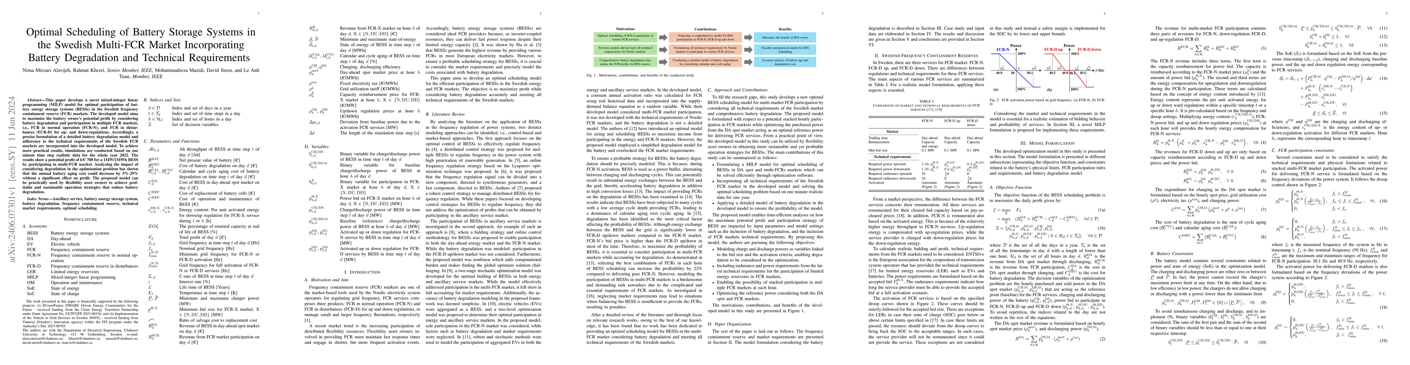 Thumbnail for Optimal Scheduling of Battery Storage Systems in the Swedish Multi-FCR
  Market Incorporating Battery Degradation and Technical Requirements