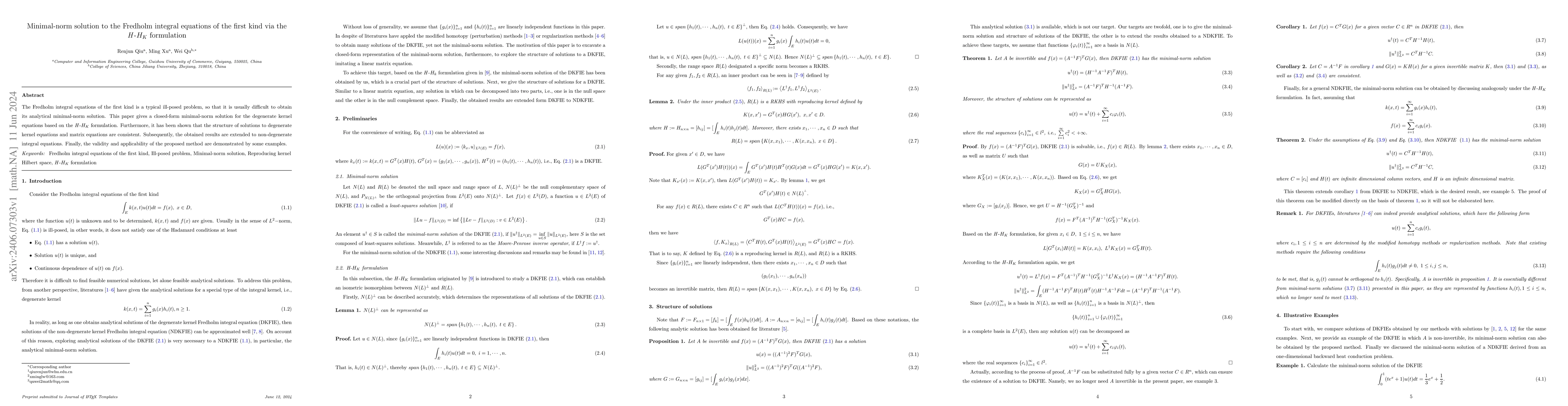 Thumbnail for Minimal-norm solution to the Fredholm integral equations of the first
  kind via the H-HK formulation