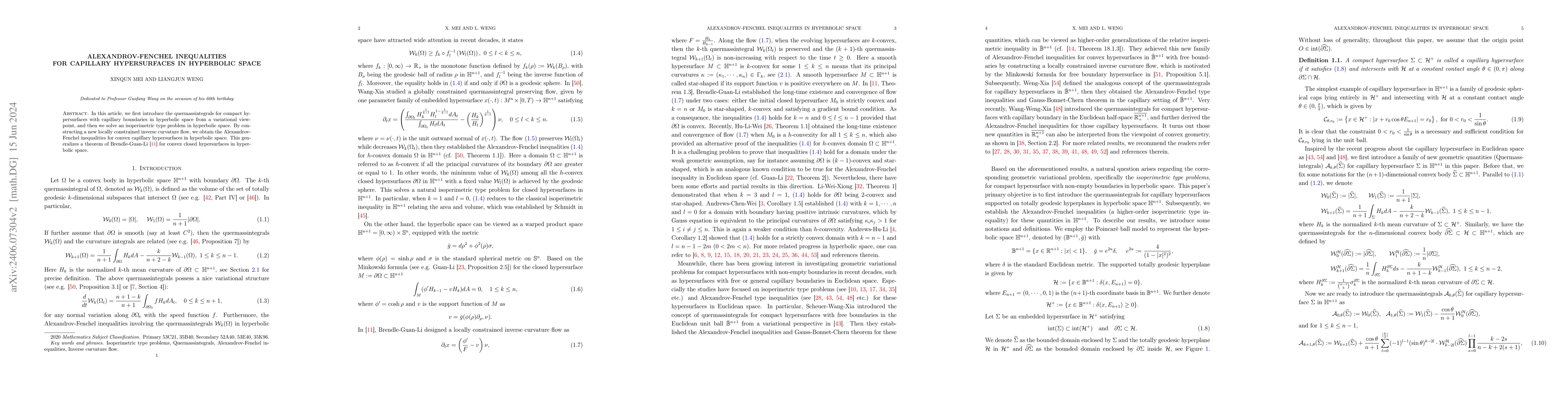 Thumbnail for Alexandrov-Fenchel inequalities for capillary hypersurfaces in
  hyperbolic space
