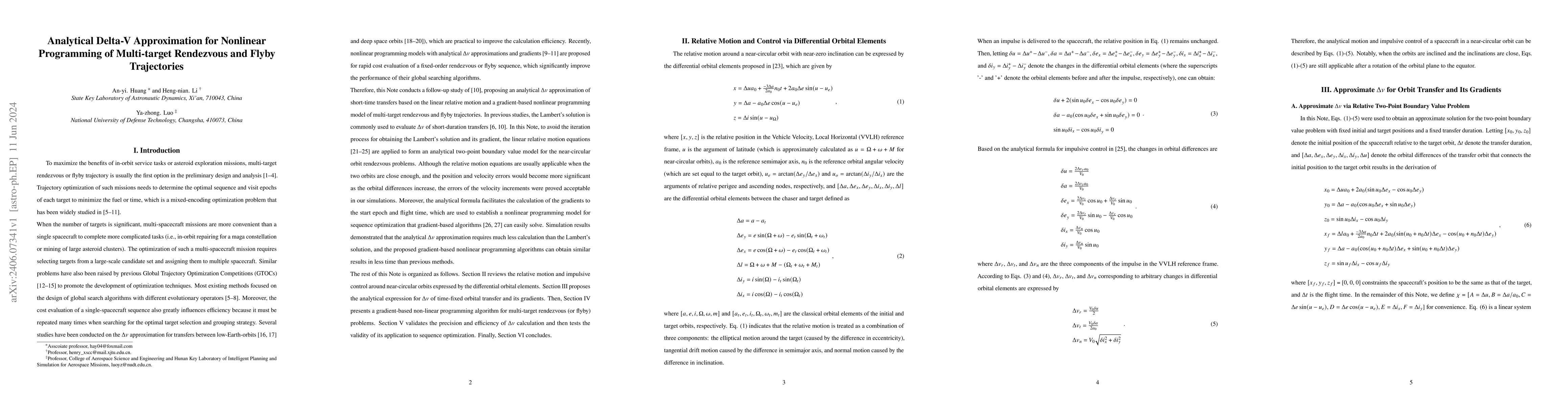 Thumbnail for Analytical Delta-V Approximation for Nonlinear Programming of
  Multi-target Rendezvous and Flyby Trajectories