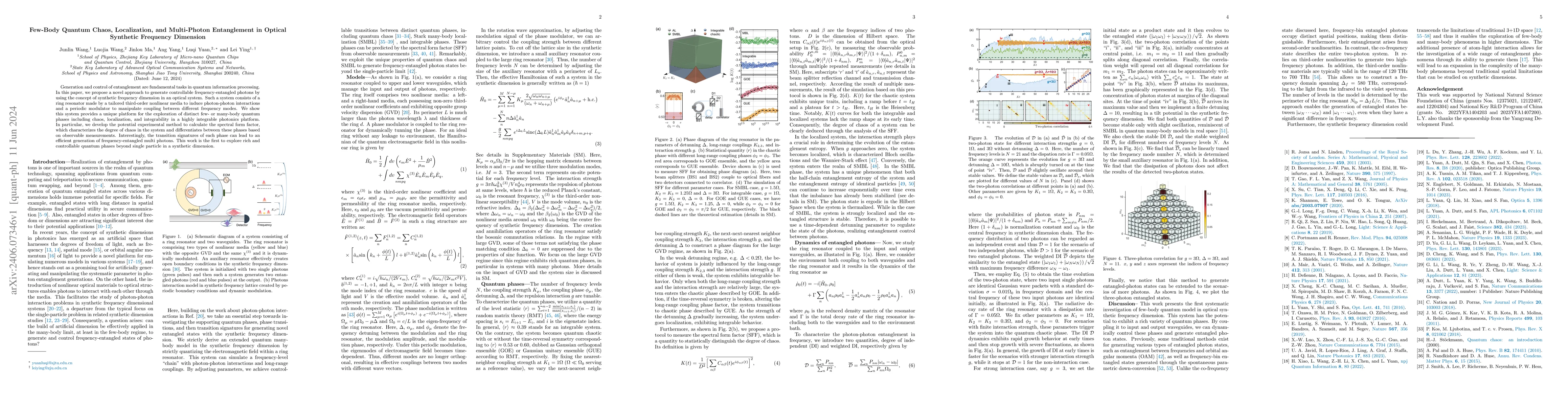 Thumbnail for Few-Body Quantum Chaos, Localization, and Multi-Photon Entanglement in
  Optical Synthetic Frequency Dimension