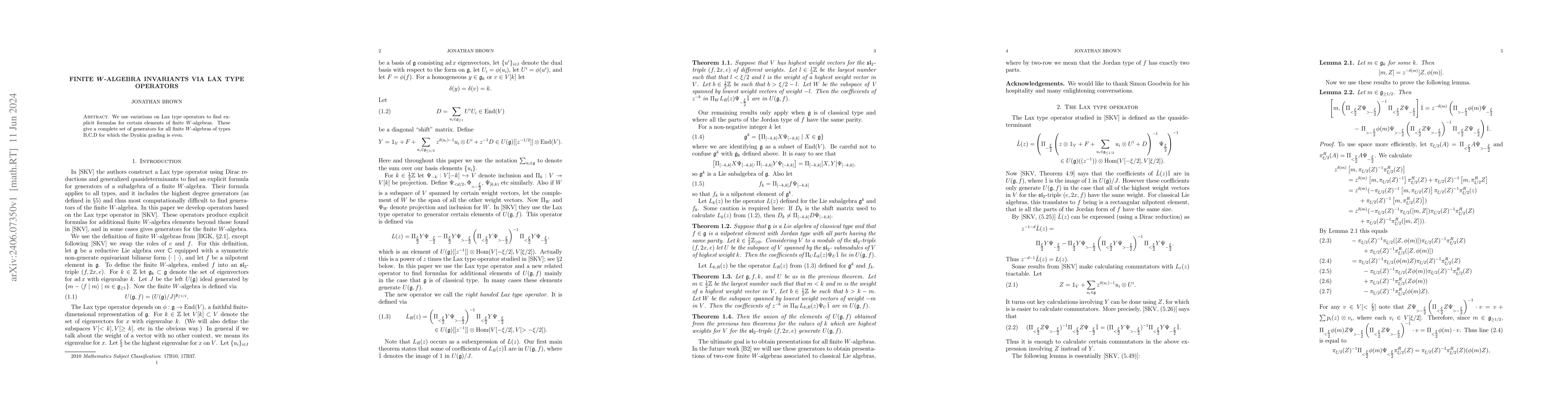 Thumbnail for Finite $W$-algebra invariants via Lax type operators