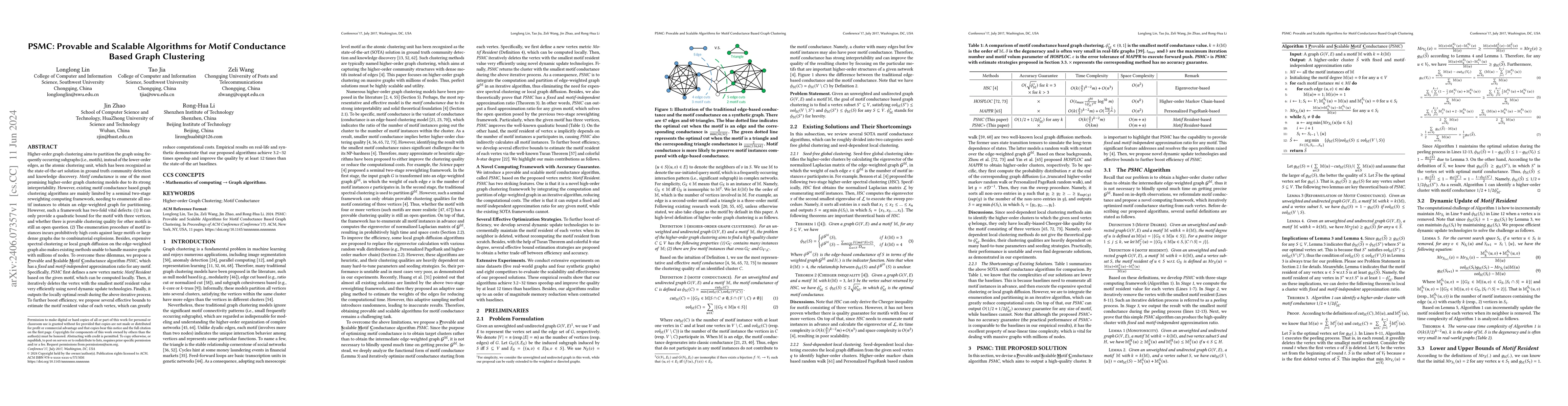 Thumbnail for PSMC: Provable and Scalable Algorithms for Motif Conductance Based Graph
  Clustering