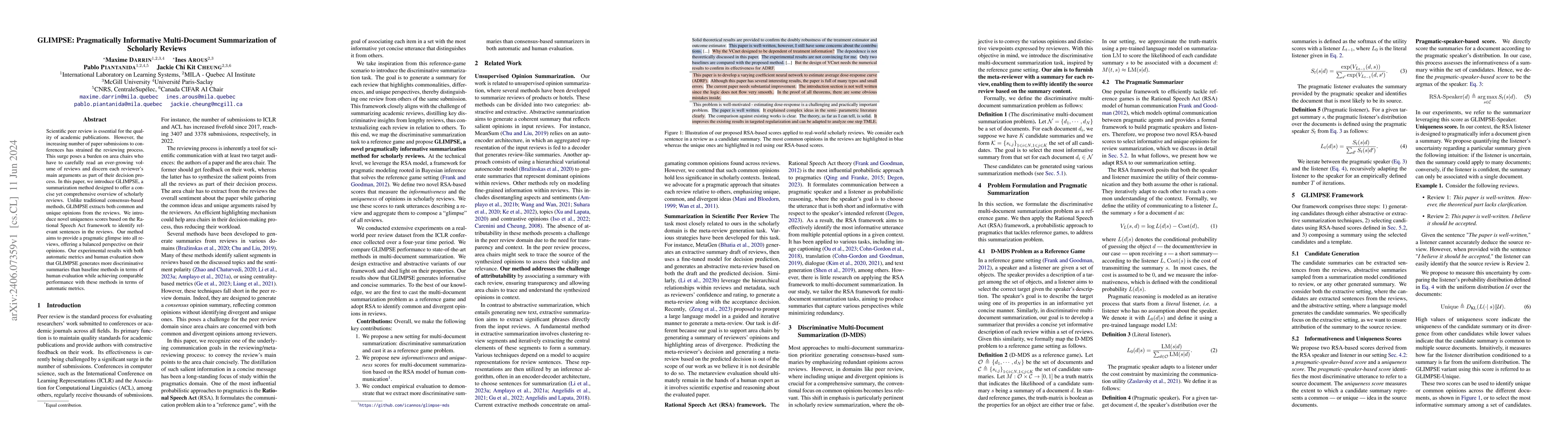 Thumbnail for GLIMPSE: Pragmatically Informative Multi-Document Summarization for
  Scholarly Reviews