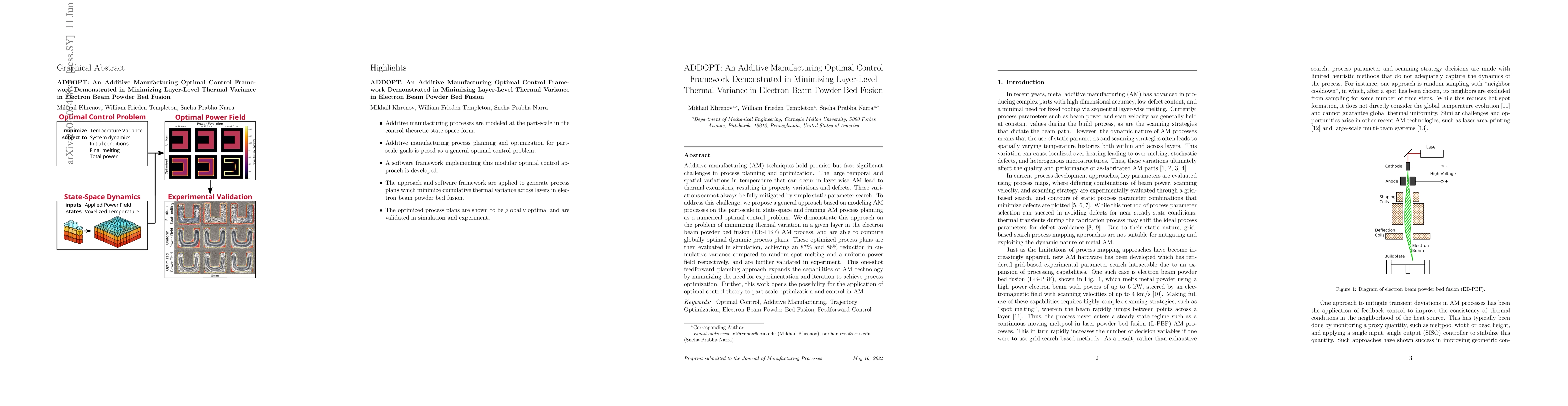 Thumbnail for ADDOPT: An Additive Manufacturing Optimal Control Framework Demonstrated
  in Minimizing Layer-Level Thermal Variance in Electron Beam Powder Bed Fusion