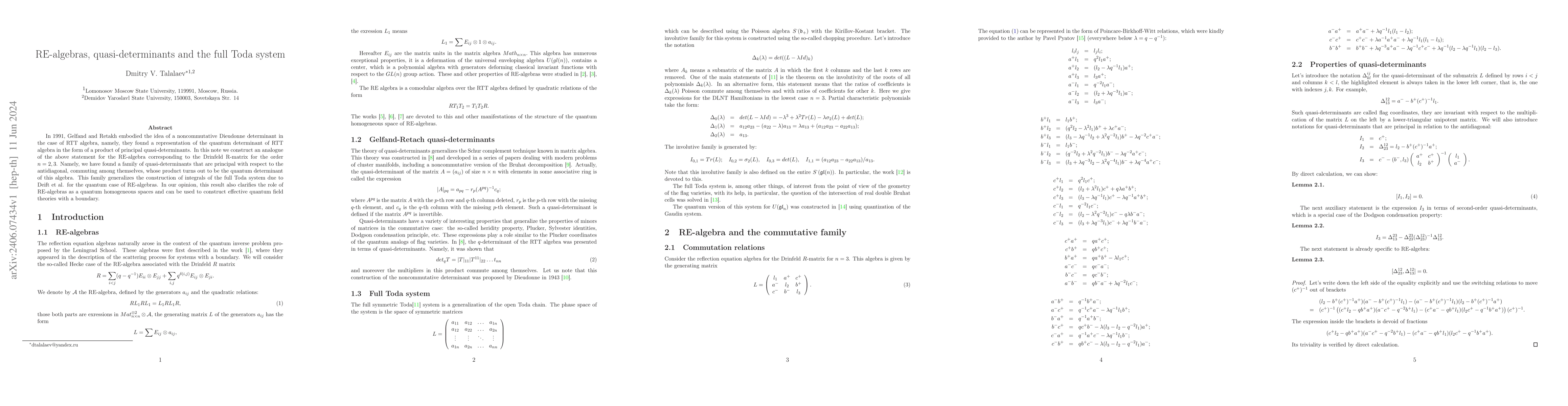 Thumbnail for RE-algebras, quasi-determinants and the full Toda system