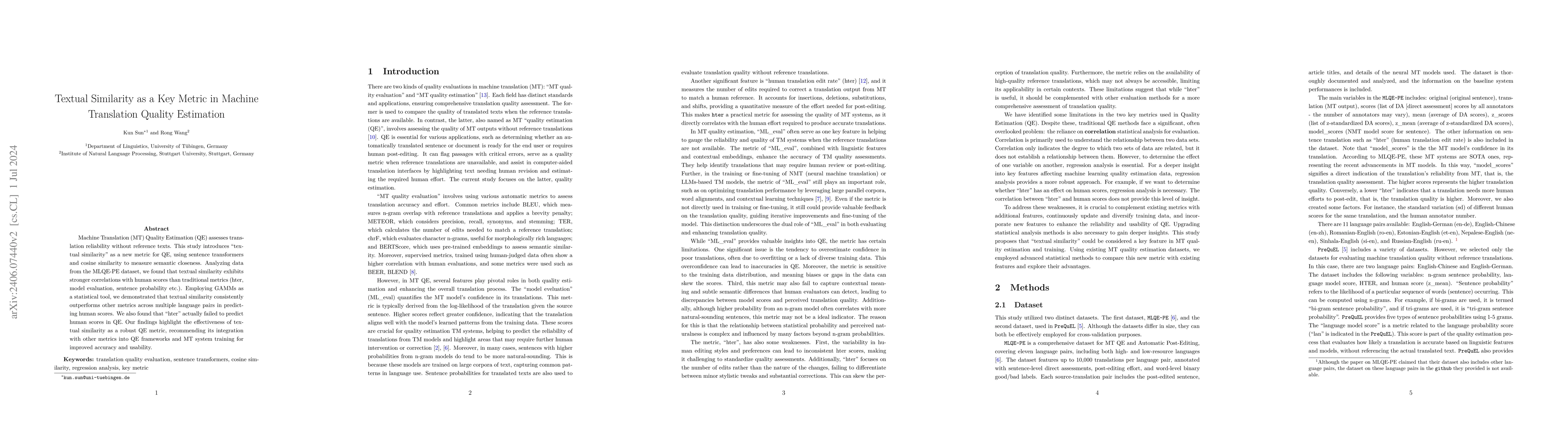 Thumbnail for Textual Similarity as a Key Metric in Machine Translation Quality
  Estimation