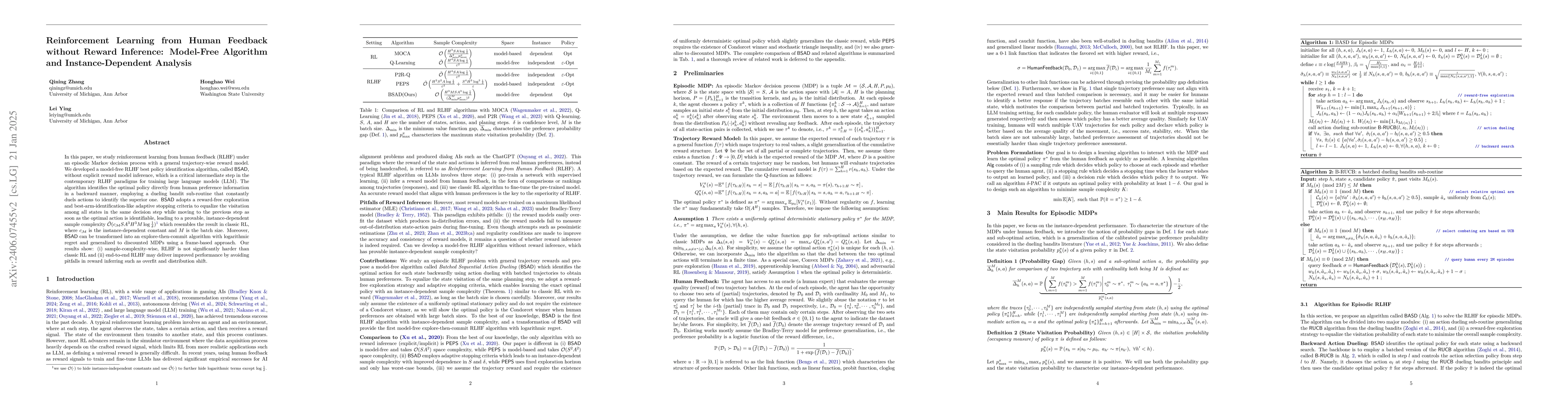 Thumbnail for Reinforcement Learning from Human Feedback without Reward Inference:
  Model-Free Algorithm and Instance-Dependent Analysis