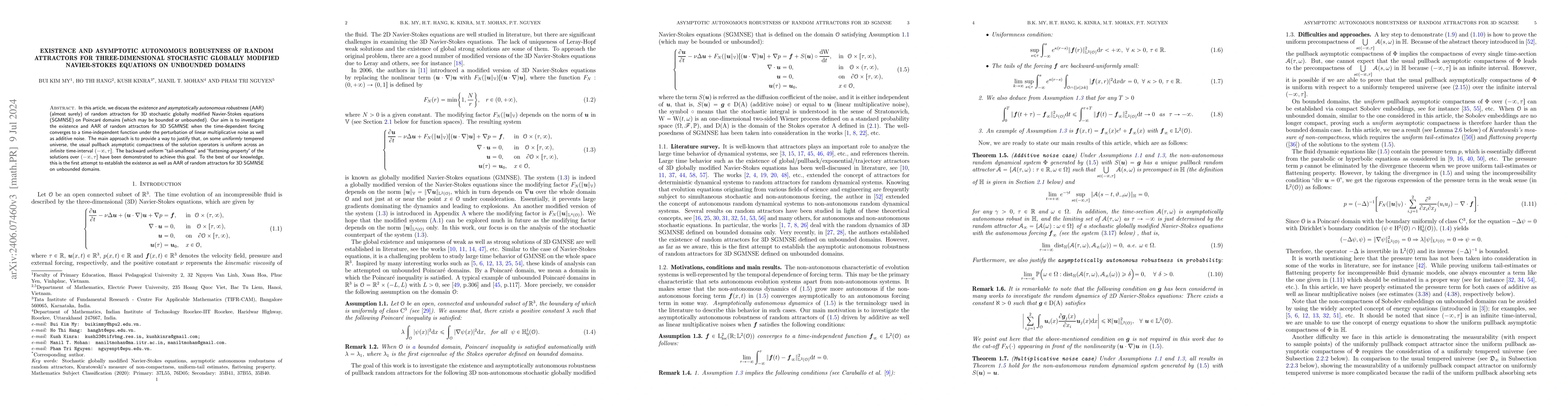 Thumbnail for Existence and asymptotic autonomous robustness of random attractors for
  three-dimensional stochastic globally modified Navier-Stokes equations on
  unbounded domains