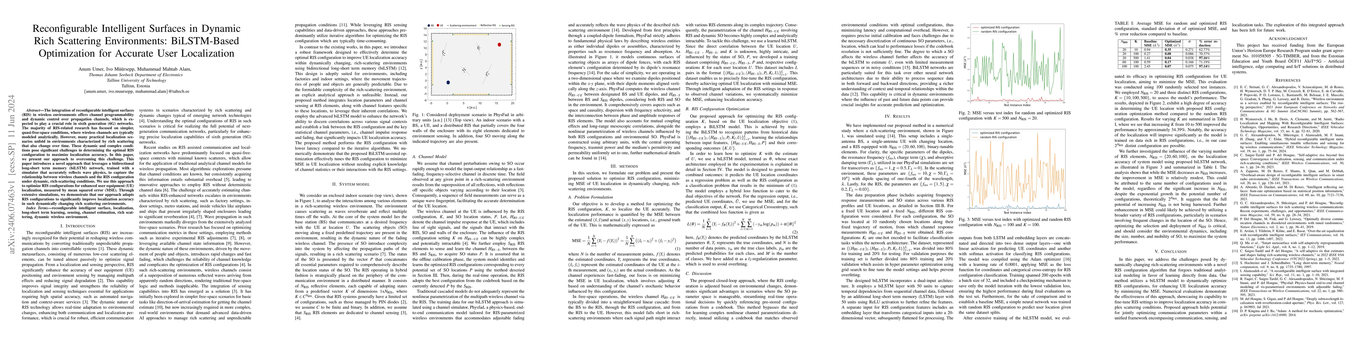 Thumbnail for Reconfigurable Intelligent Surfaces in Dynamic Rich Scattering
  Environments: BiLSTM-Based Optimization for Accurate User Localization