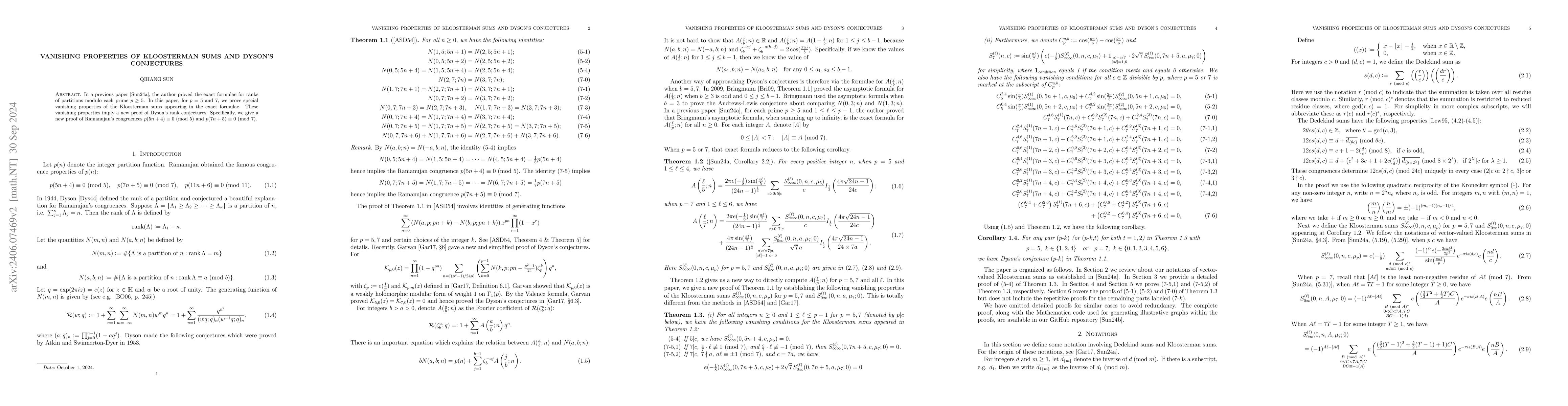 Thumbnail for Vanishing properties of Kloosterman sums and Dyson's conjectures