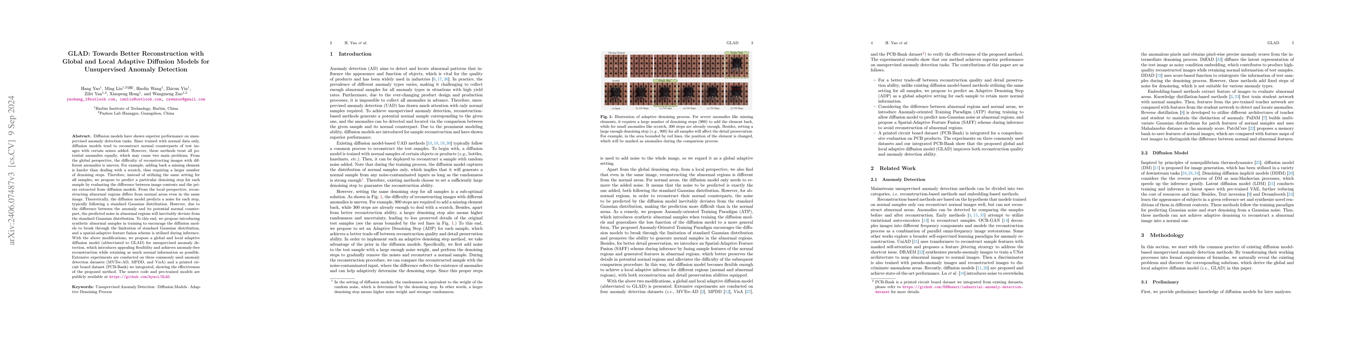 Thumbnail for GLAD: Towards Better Reconstruction with Global and Local Adaptive
  Diffusion Models for Unsupervised Anomaly Detection