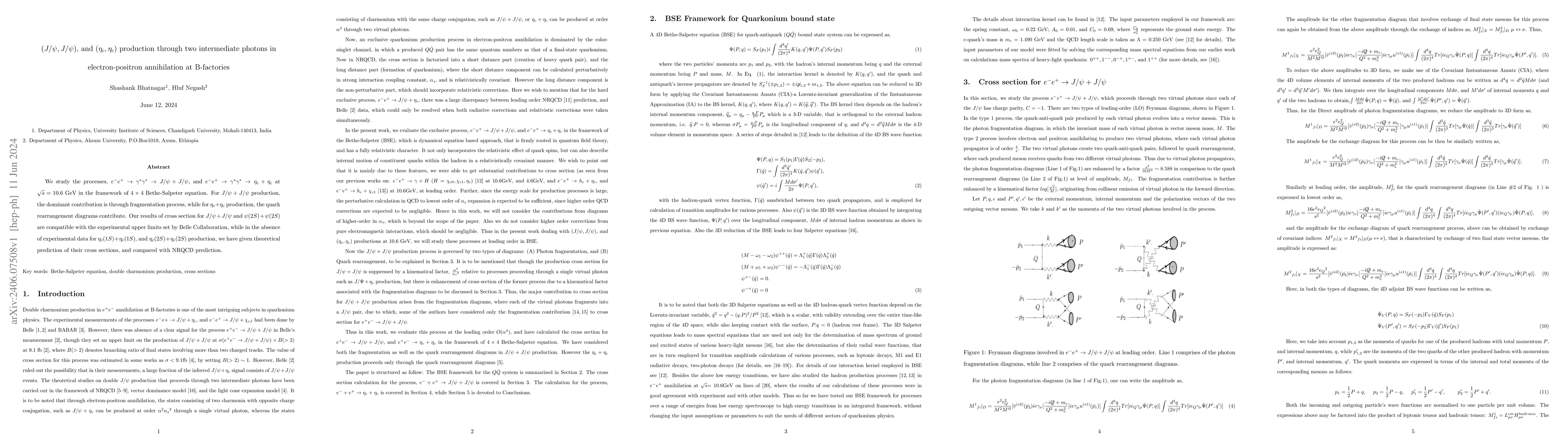 Thumbnail for $(J/\psi, J/\psi)$, and $(\eta_c, \eta_c)$ production through two
  intermediate photons in electron-positron annihilation at B-factories