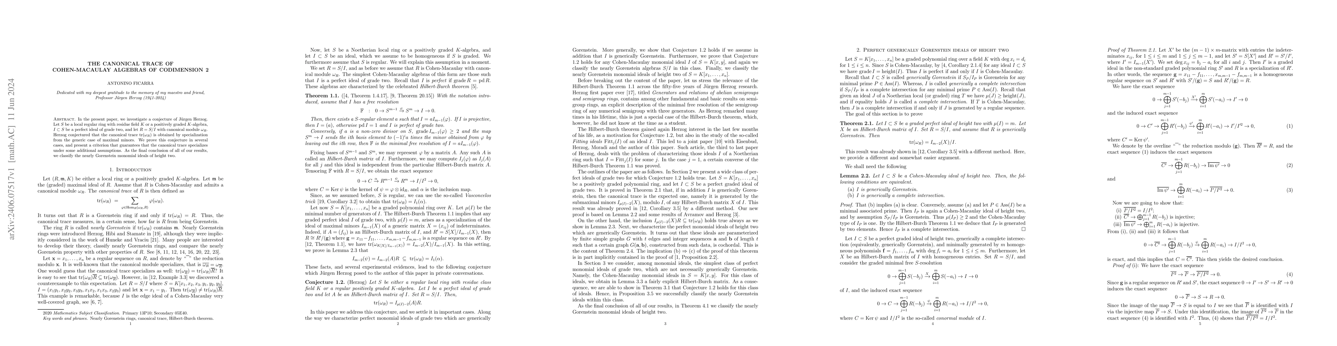 Thumbnail for The canonical trace of Cohen-Macaulay algebras of codimension 2