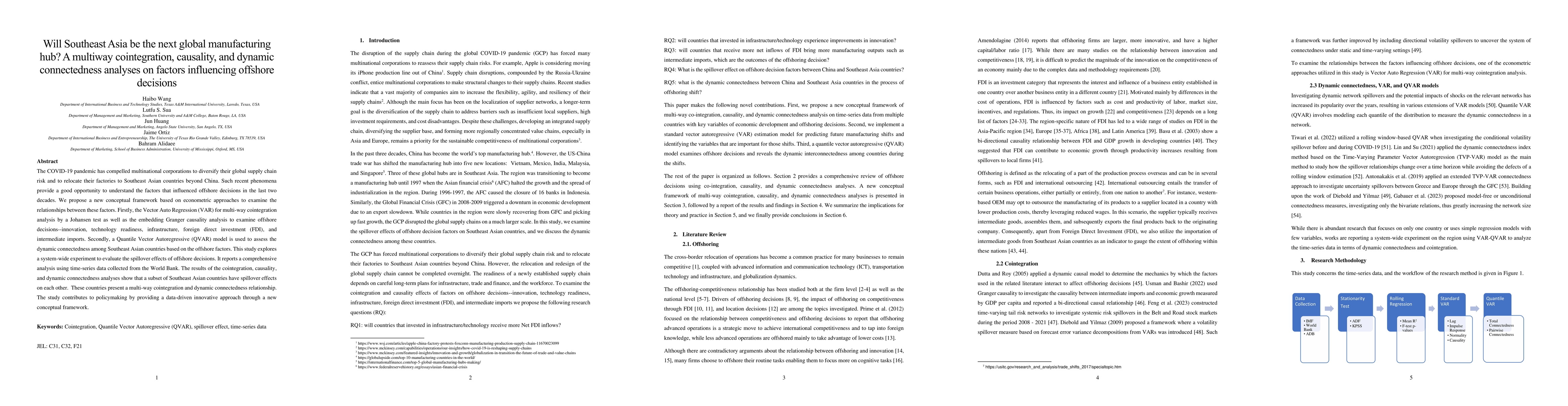 Thumbnail for Will Southeast Asia be the next global manufacturing hub? A multiway
  cointegration, causality, and dynamic connectedness analyses on factors
  influencing offshore decisions