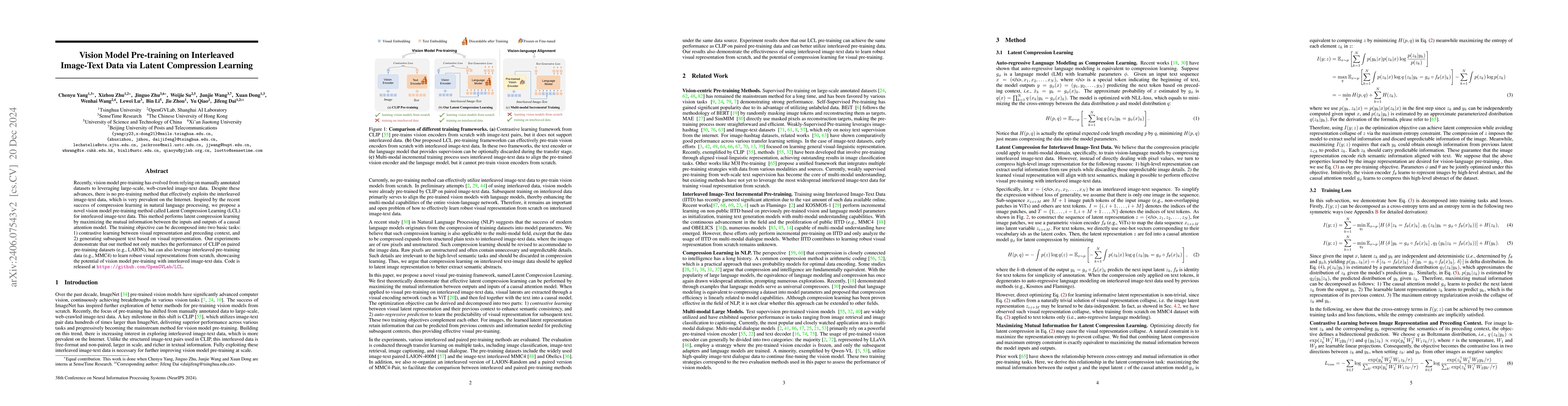 Thumbnail for Vision Model Pre-training on Interleaved Image-Text Data via Latent
  Compression Learning