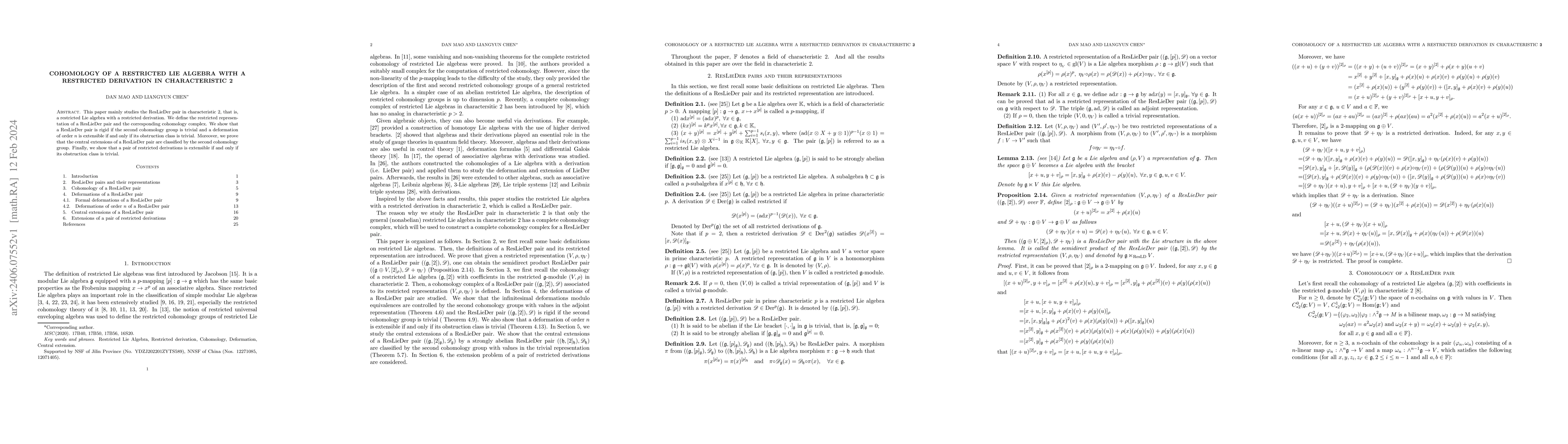 Thumbnail for Cohomology of a restricted Lie algebra with a restricted derivation in
  characteristic 2