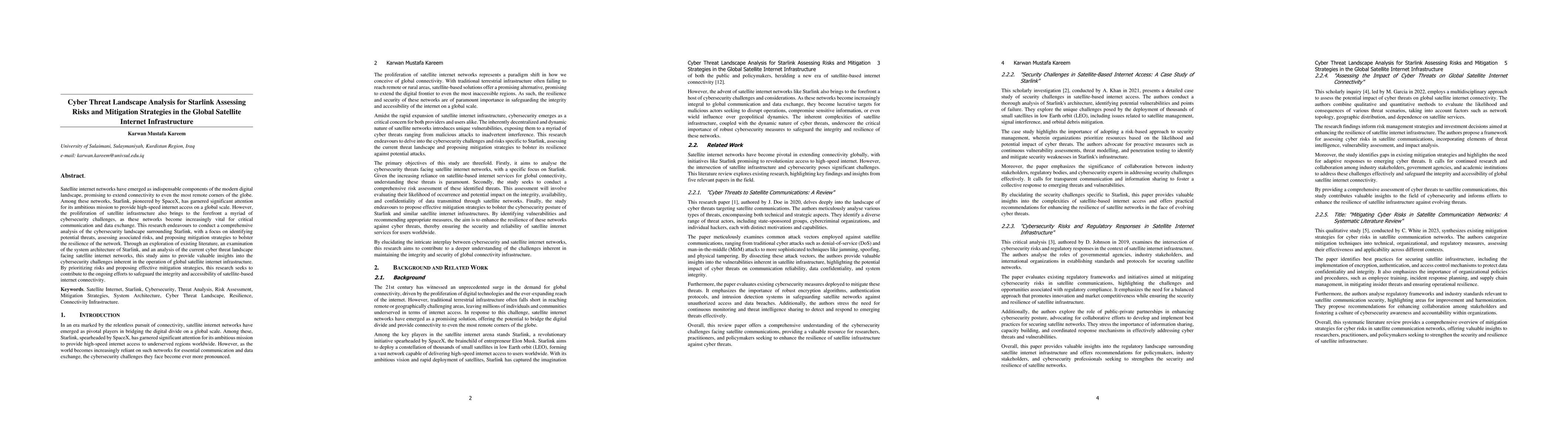 Thumbnail for Cyber Threat Landscape Analysis for Starlink Assessing Risks and
  Mitigation Strategies in the Global Satellite Internet Infrastructure