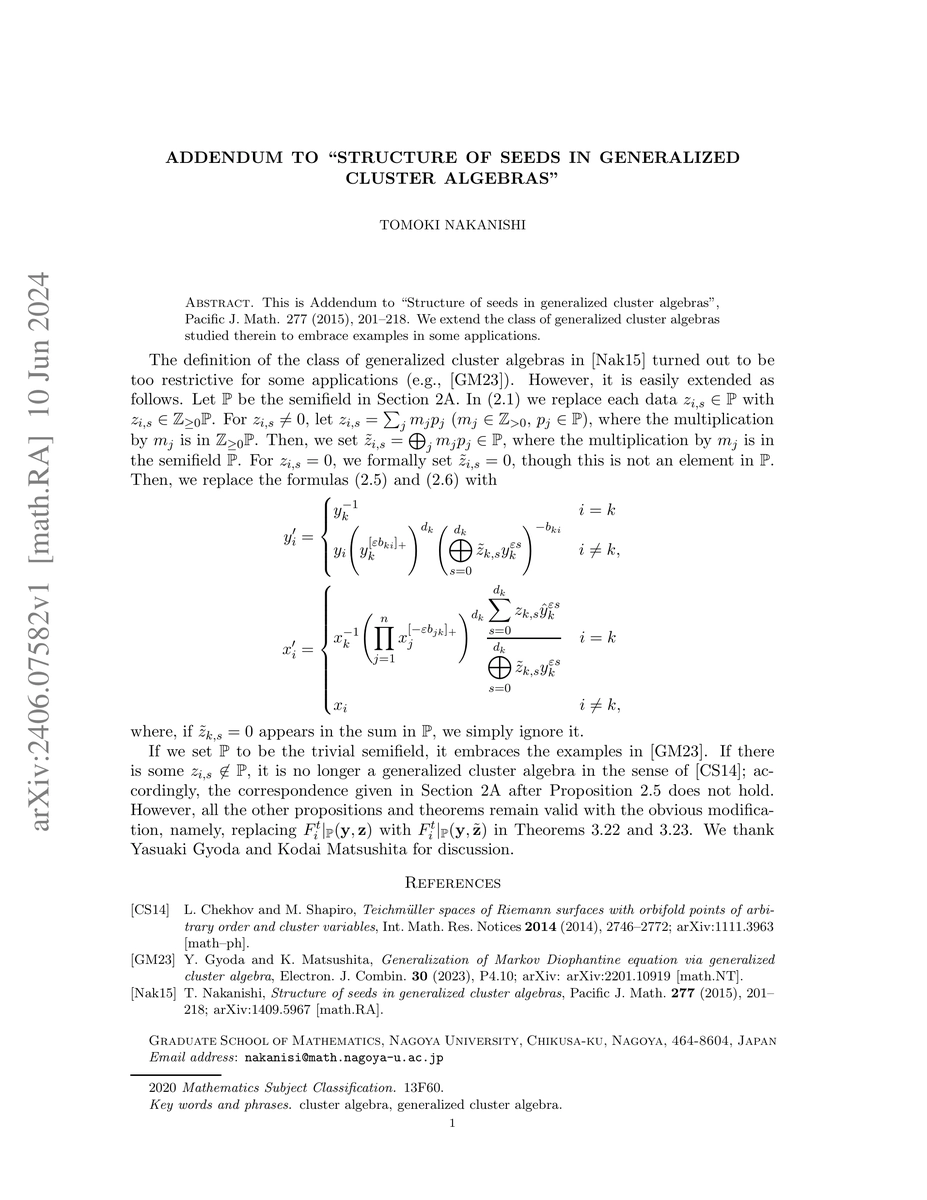 Thumbnail for Addendum to "Structure of seeds in generalized cluster algebras"