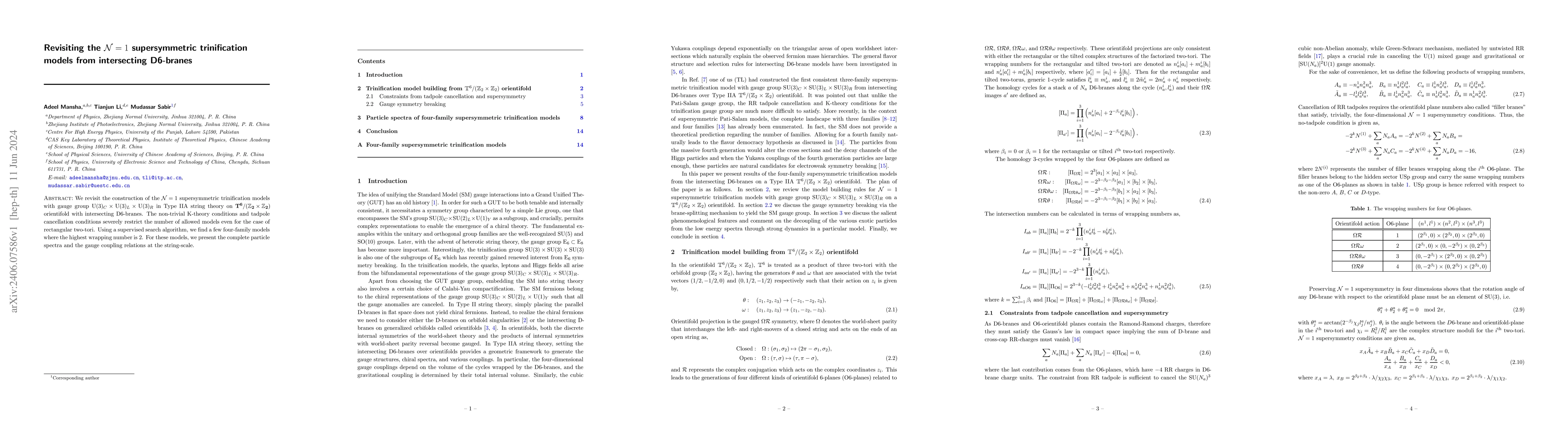 Thumbnail for Revisiting the $\mathcal{N}=1$ supersymmetric trinification models from
  intersecting D6-branes