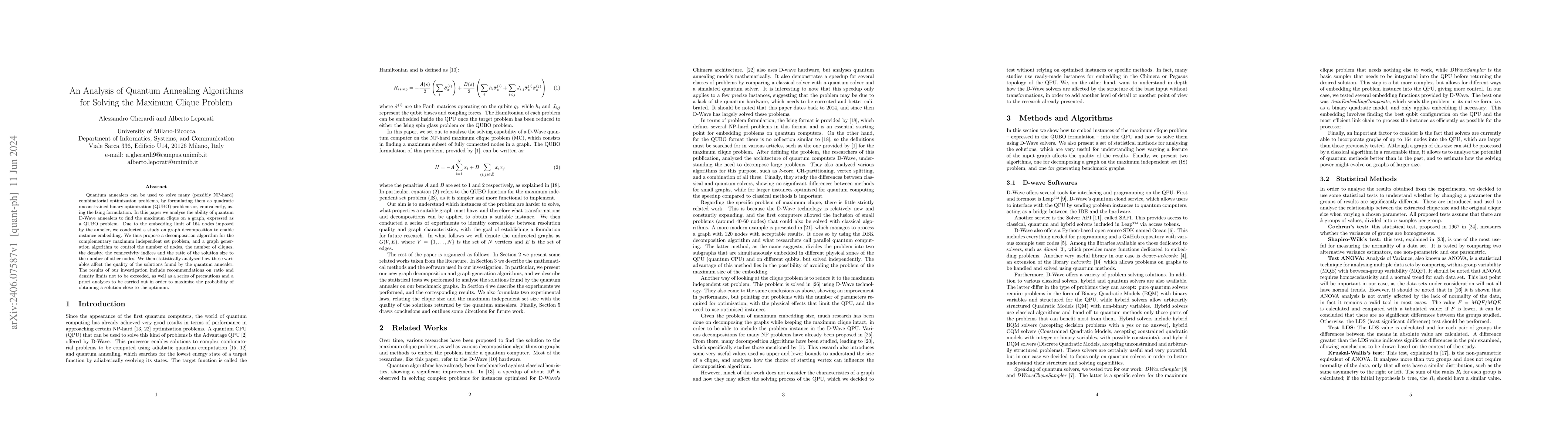 Thumbnail for An Analysis of Quantum Annealing Algorithms for Solving the Maximum
  Clique Problem