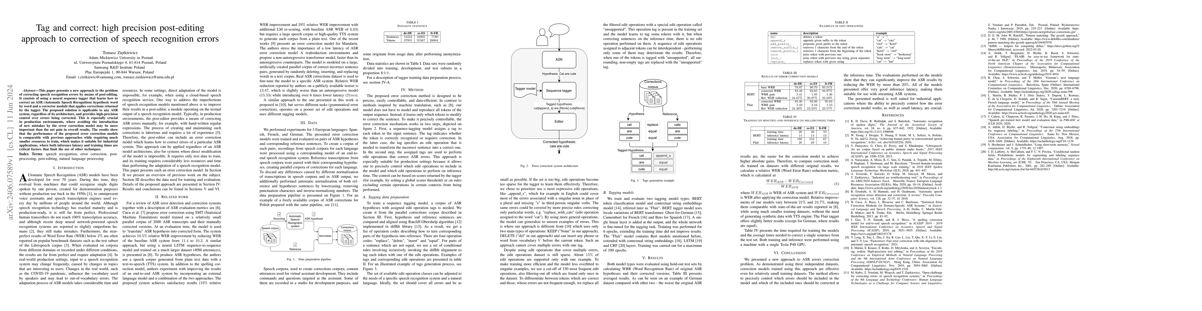 Thumbnail for Tag and correct: high precision post-editing approach to correction of
  speech recognition errors