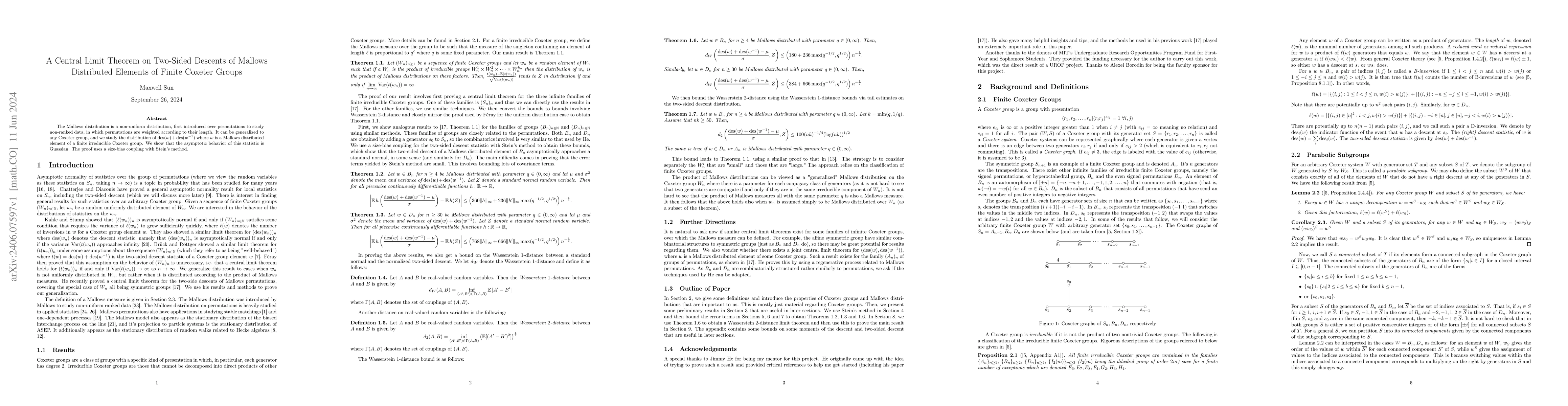 Thumbnail for A Central Limit Theorem on Two-Sided Descents of Mallows Distributed
  Elements of Finite Coxeter Groups