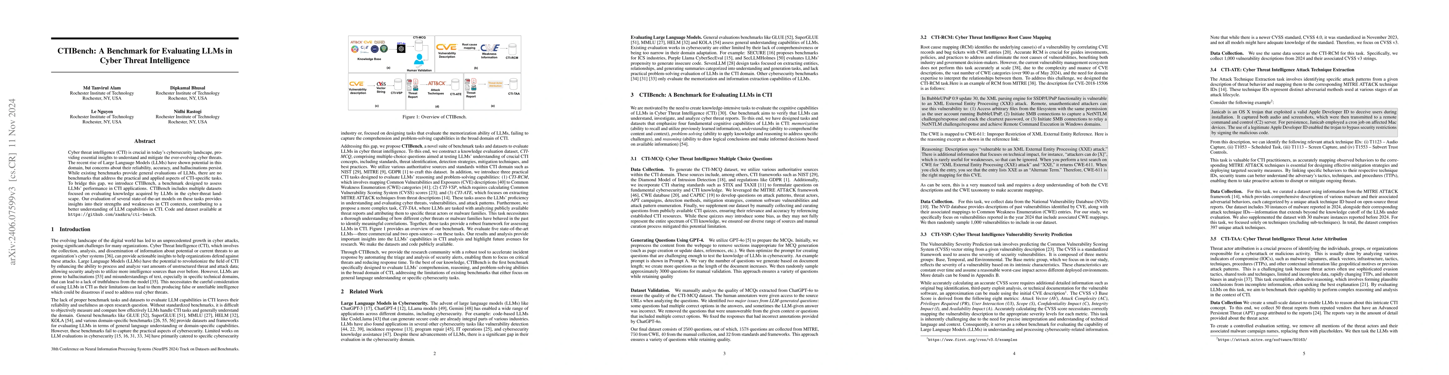 Thumbnail for CTIBench: A Benchmark for Evaluating LLMs in Cyber Threat Intelligence