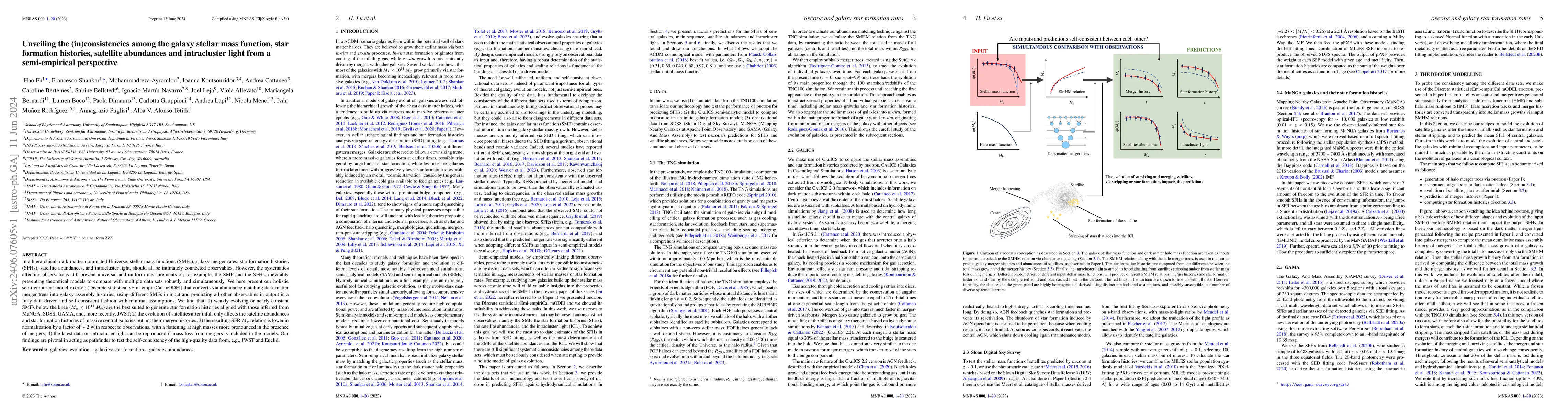 Thumbnail for Unveiling the (in)consistencies among the galaxy stellar mass function,
  star formation histories, satellite abundances and intracluster light from a
  semi-empirical perspective