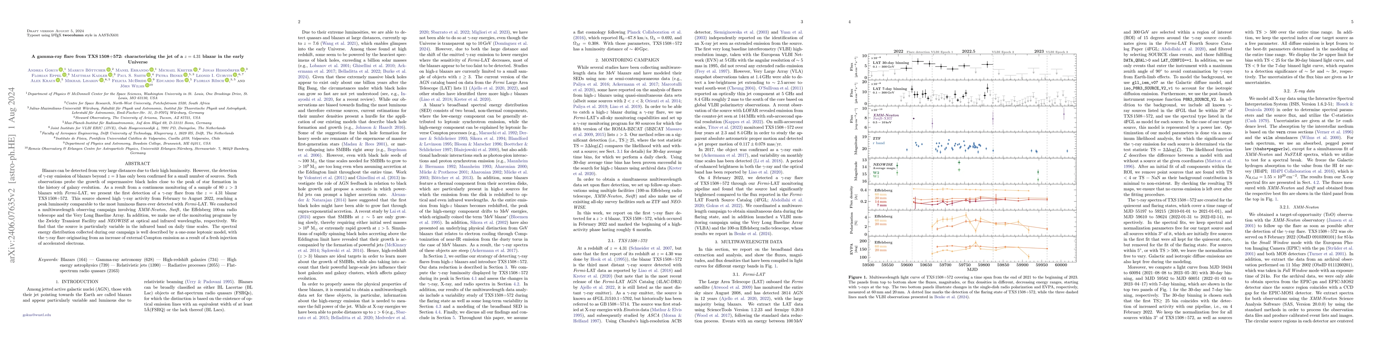 Thumbnail for A gamma-ray flare from TXS 1508+572: characterizing the jet of a
  $z=4.31$ blazar in the early Universe