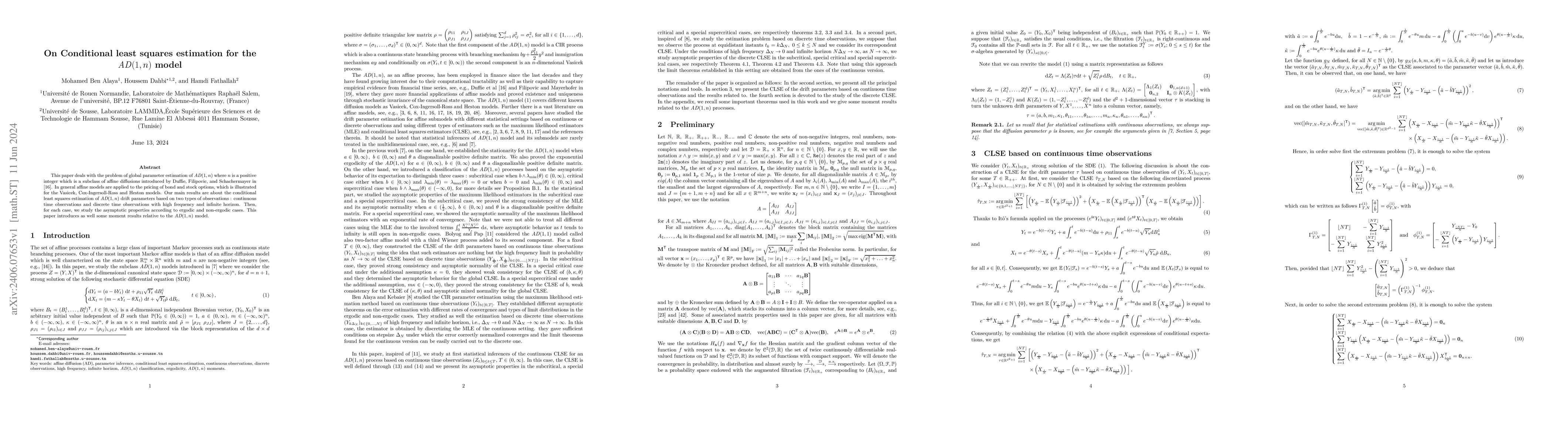 Thumbnail for On Conditional least squares estimation for the AD(1,n) model