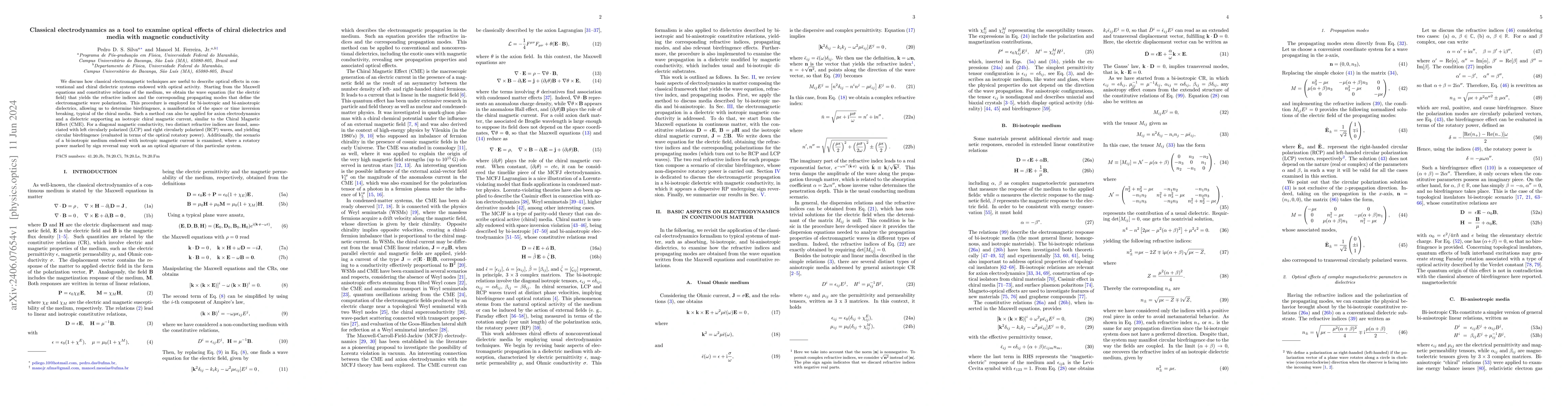 Thumbnail for Classical electrodynamics as a tool to examine optical effects of chiral
  dielectrics and media with magnetic conductivity