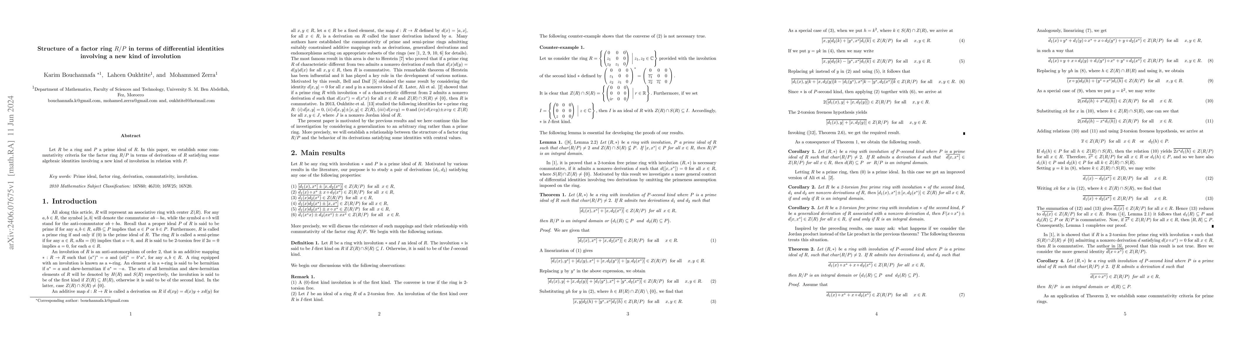Thumbnail for Structure of a factor ring $R/P$ in terms of differential identities
  involving a new kind of involution