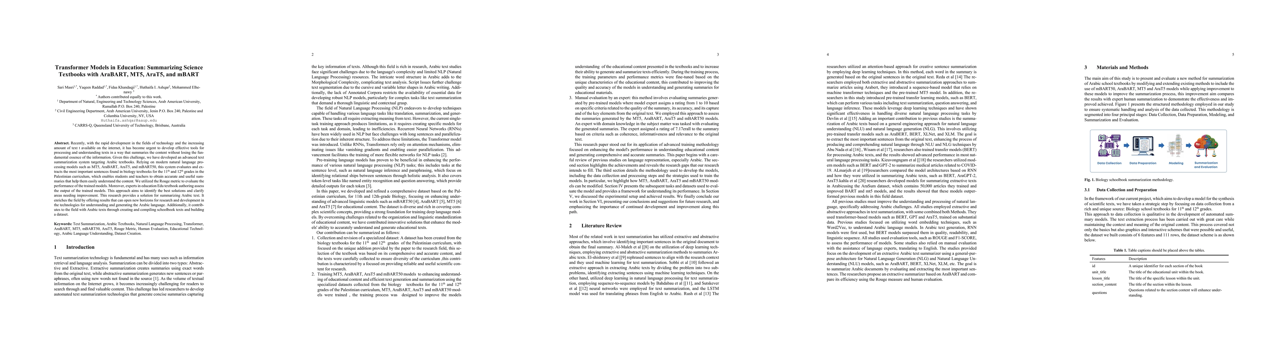 Thumbnail for Transformer Models in Education: Summarizing Science Textbooks with
  AraBART, MT5, AraT5, and mBART