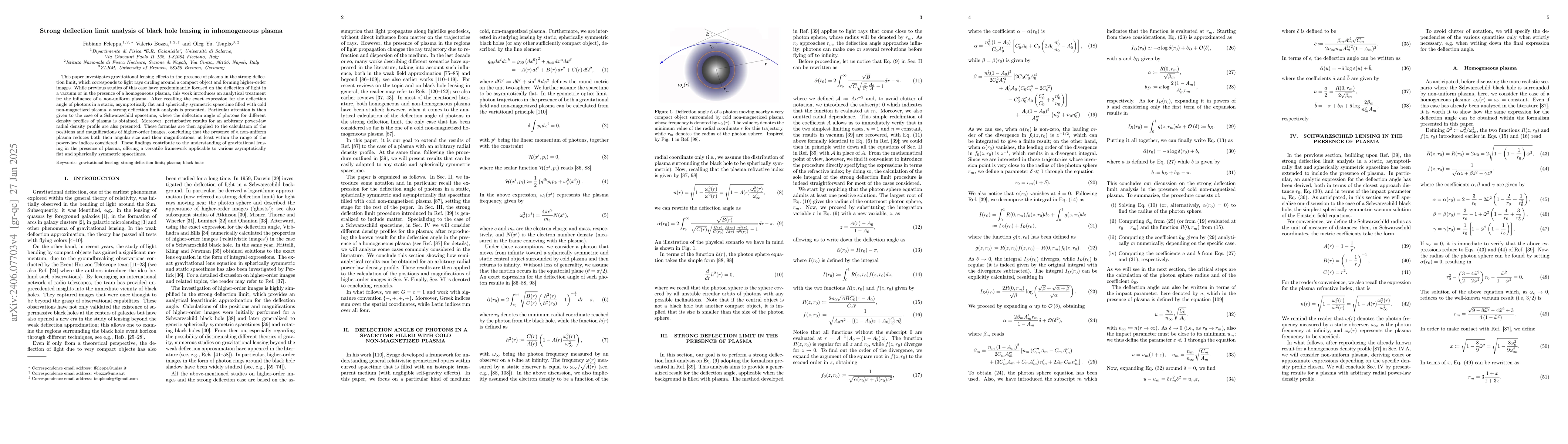 Thumbnail for Strong deflection limit analysis of black hole lensing in inhomogeneous
  plasma