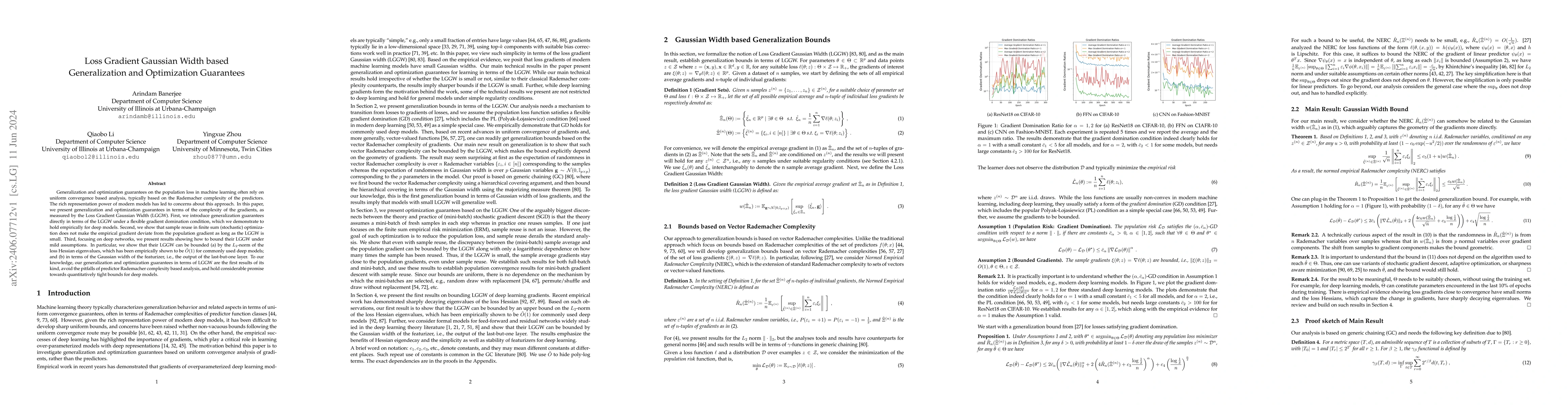 Thumbnail for Loss Gradient Gaussian Width based Generalization and Optimization
  Guarantees