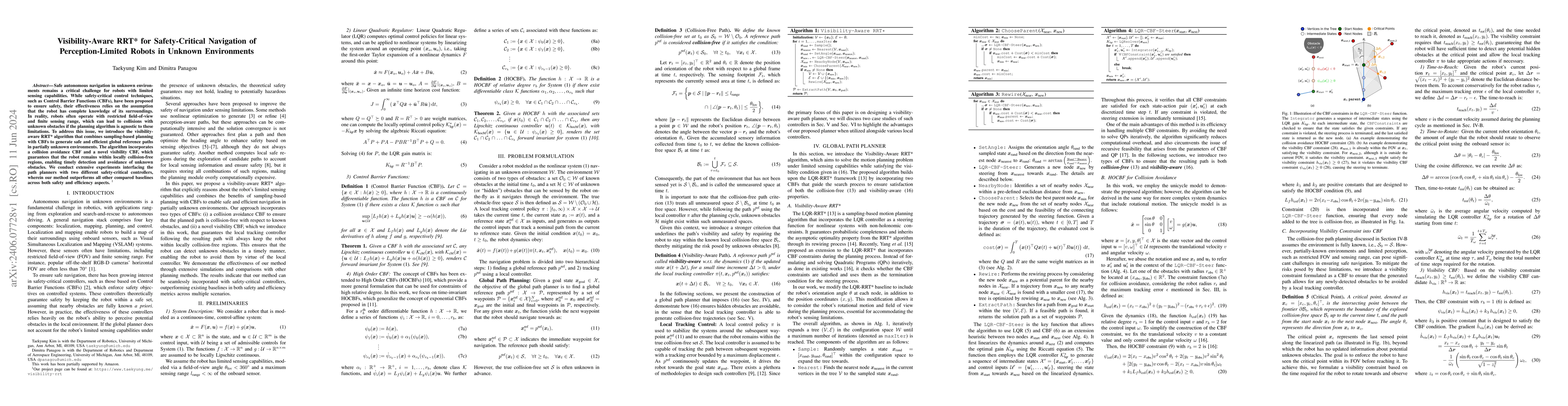 Thumbnail for Visibility-Aware RRT* for Safety-Critical Navigation of
  Perception-Limited Robots in Unknown Environments