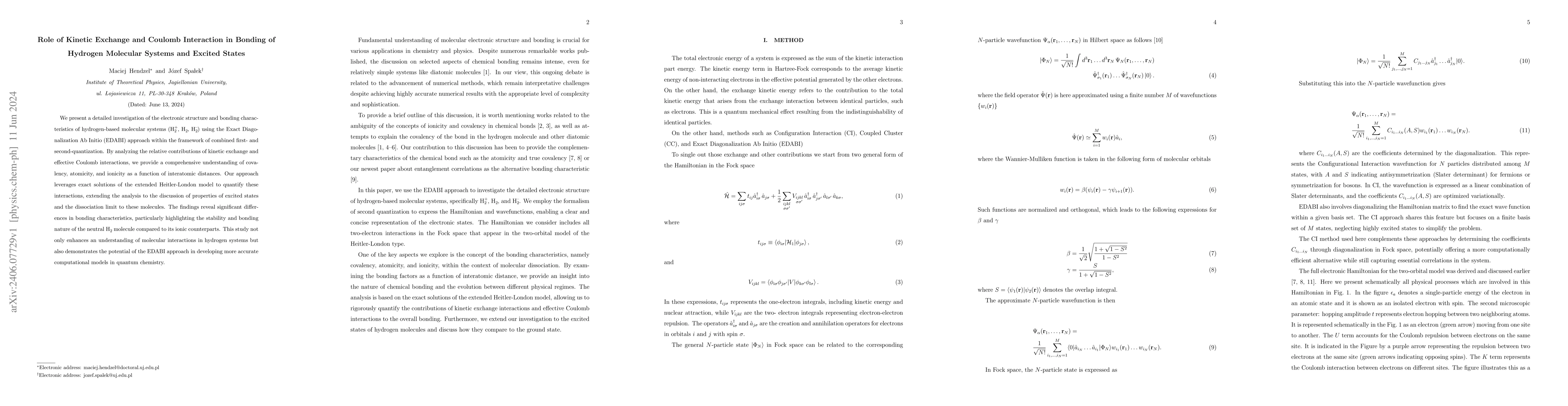 Thumbnail for Role of Kinetic Exchange and Coulomb Interaction in Bonding of Hydrogen
  Molecular Systems and Excited States