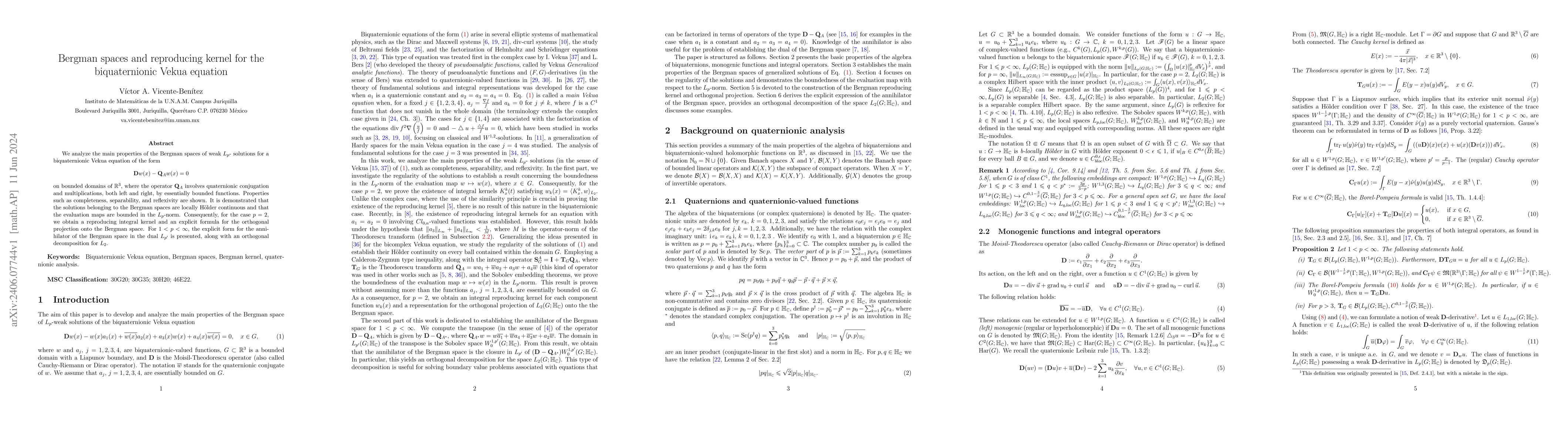 Thumbnail for Bergman spaces and reproducing kernel for the biquaternionic Vekua
  equation