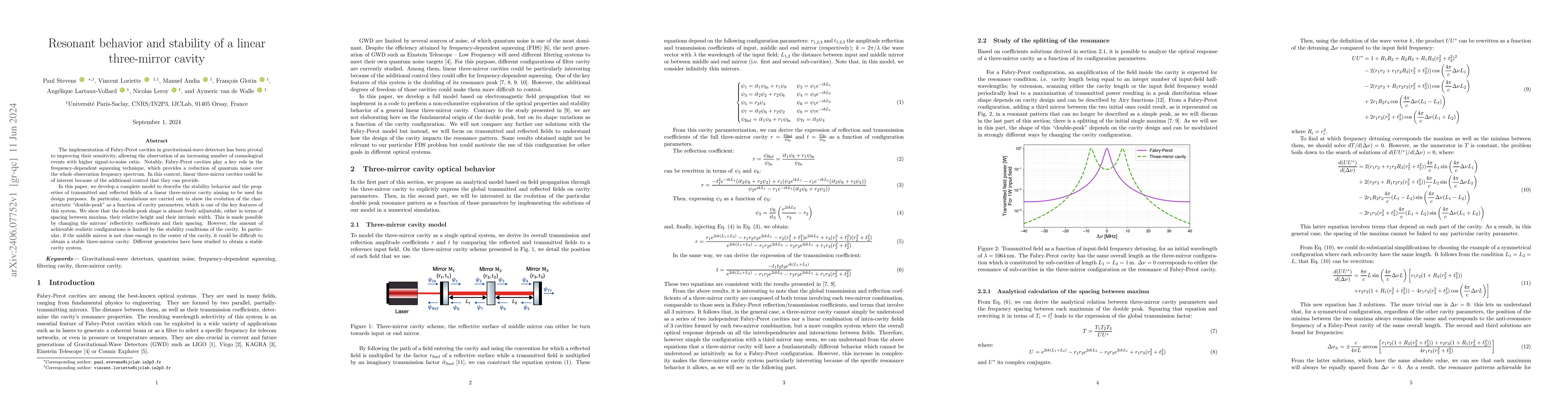 Thumbnail for Resonant behavior and stability of a linear three-mirror cavity