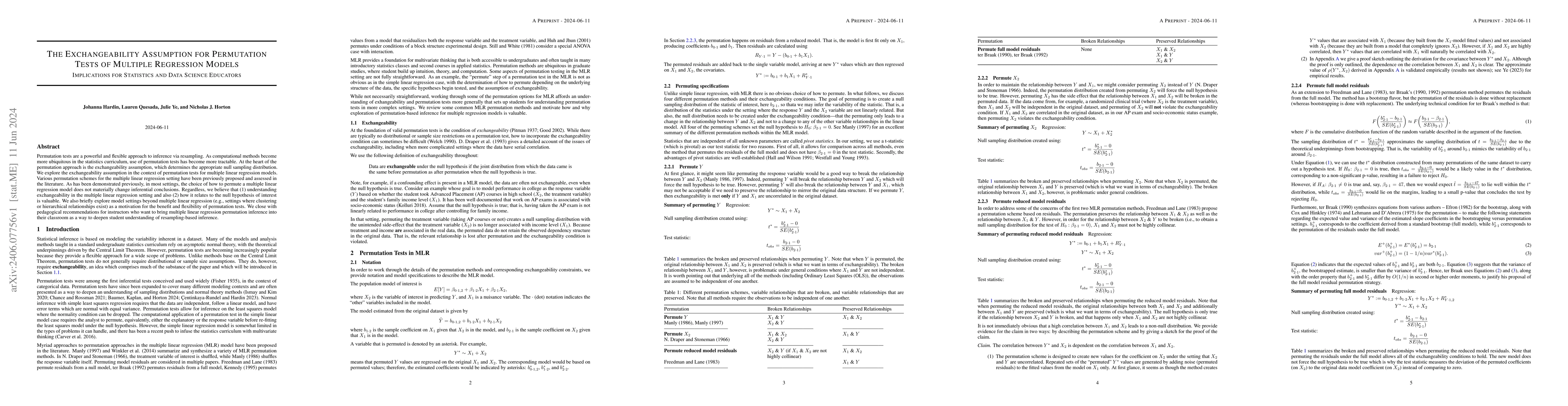 Thumbnail for The Exchangeability Assumption for Permutation Tests of Multiple
  Regression Models: Implications for Statistics and Data Science