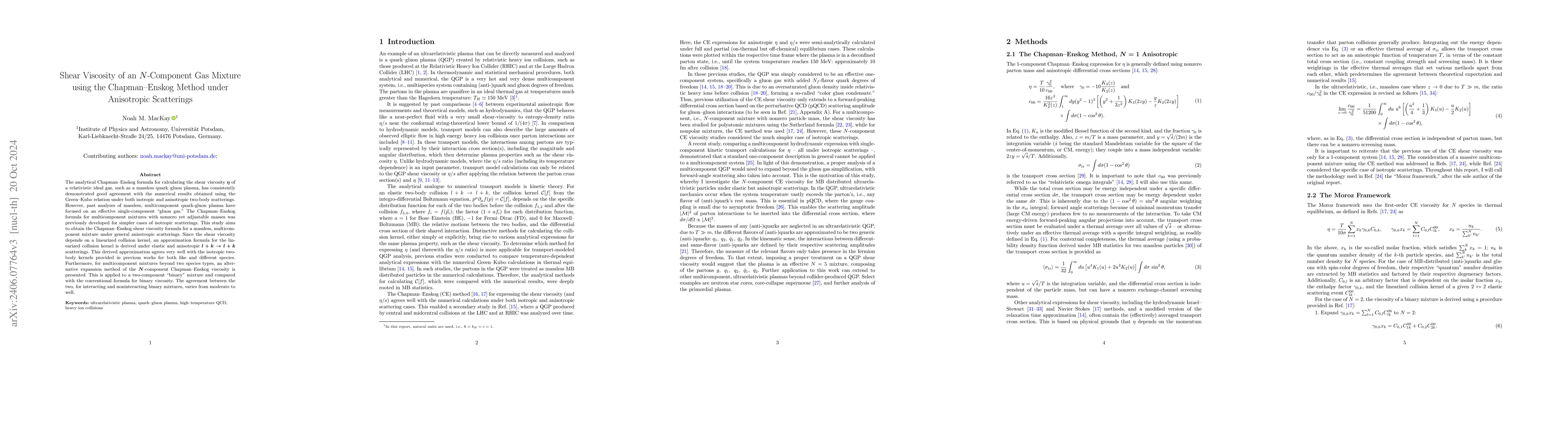 Thumbnail for Shear Viscosity of an $N$-Component Gas Mixture using the
  Chapman--Enskog Method under Anisotropic Scatterings