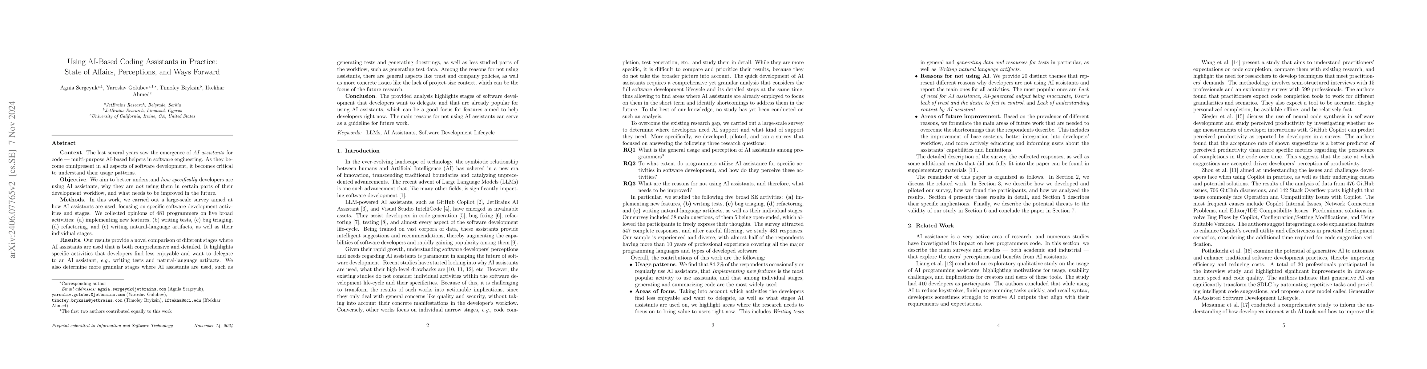 Thumbnail for Using AI-Based Coding Assistants in Practice: State of Affairs,
  Perceptions, and Ways Forward