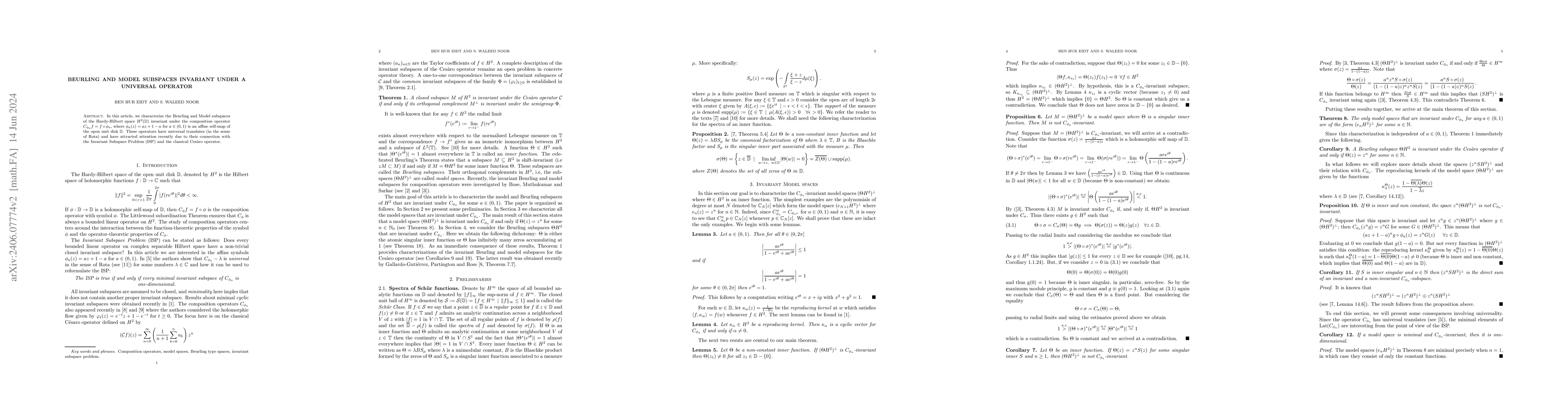 Thumbnail for Beurling and Model subspaces invariant under a universal operator