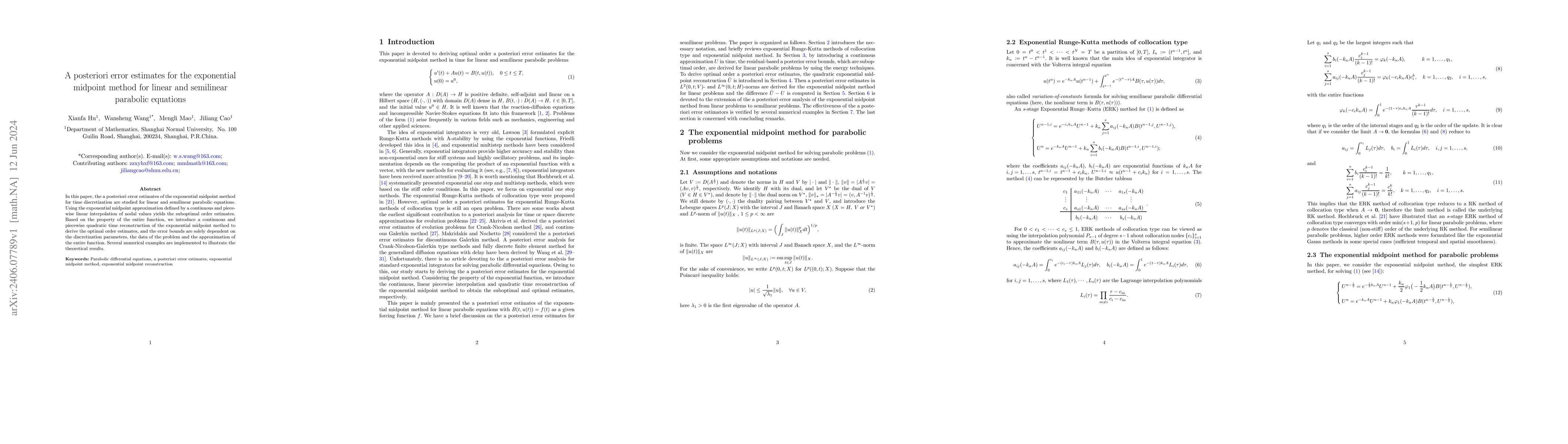 Thumbnail for A posteriori error estimates for the exponential midpoint method for
  linear and semilinear parabolic equations