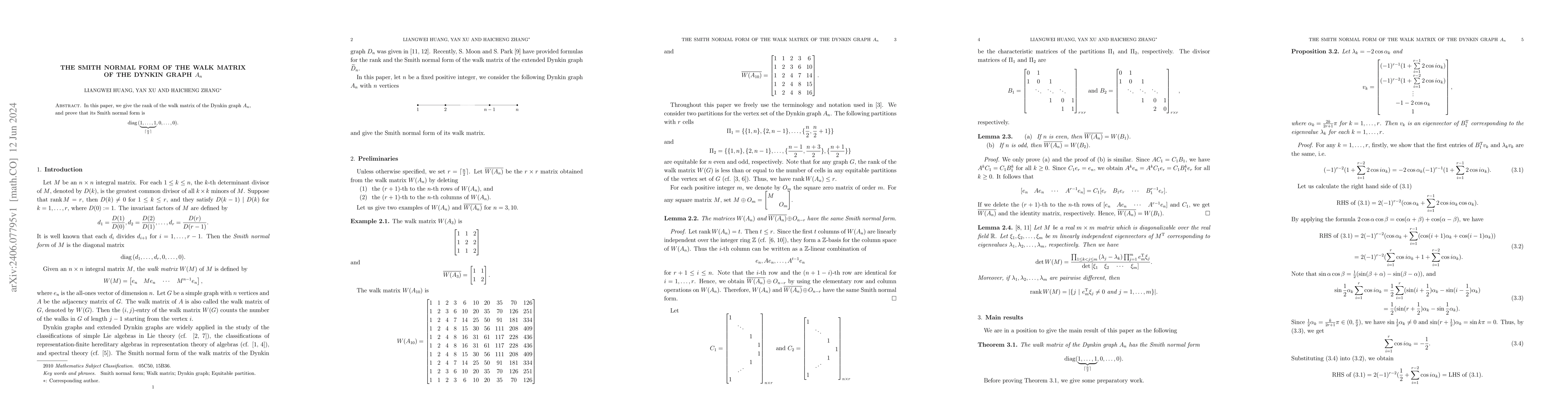 Thumbnail for The smith normal form of the walk matrix of the Dynkin graph $A_n$