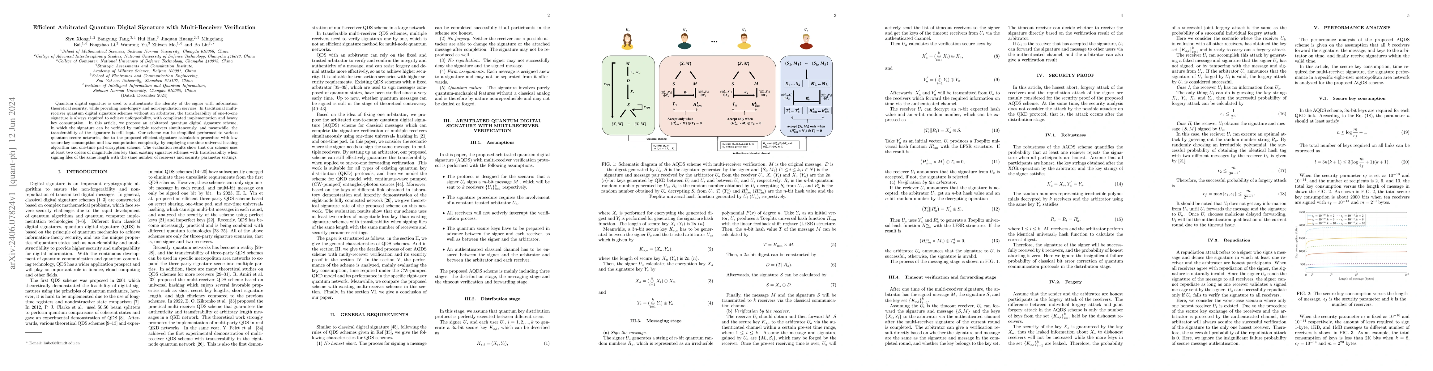 Thumbnail for Efficient Arbitrated Quantum Digital Signature with Multi-Receiver
  Verification
